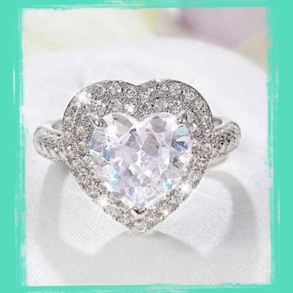 NEW Sterling Silver Heart Double Halo 3.5 CT CZ Ring - Picture 4 of 7